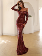 Off-Shoulder Sequin Maxi Dress