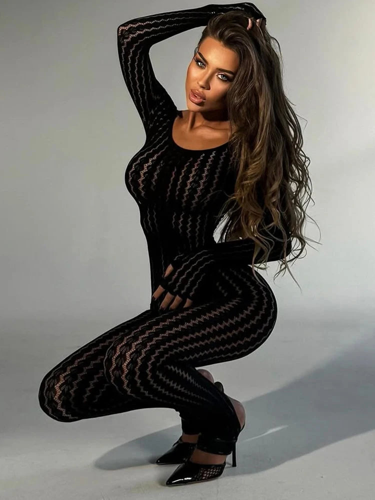 Sheer Hollow Long Sleeve Jumpsuit