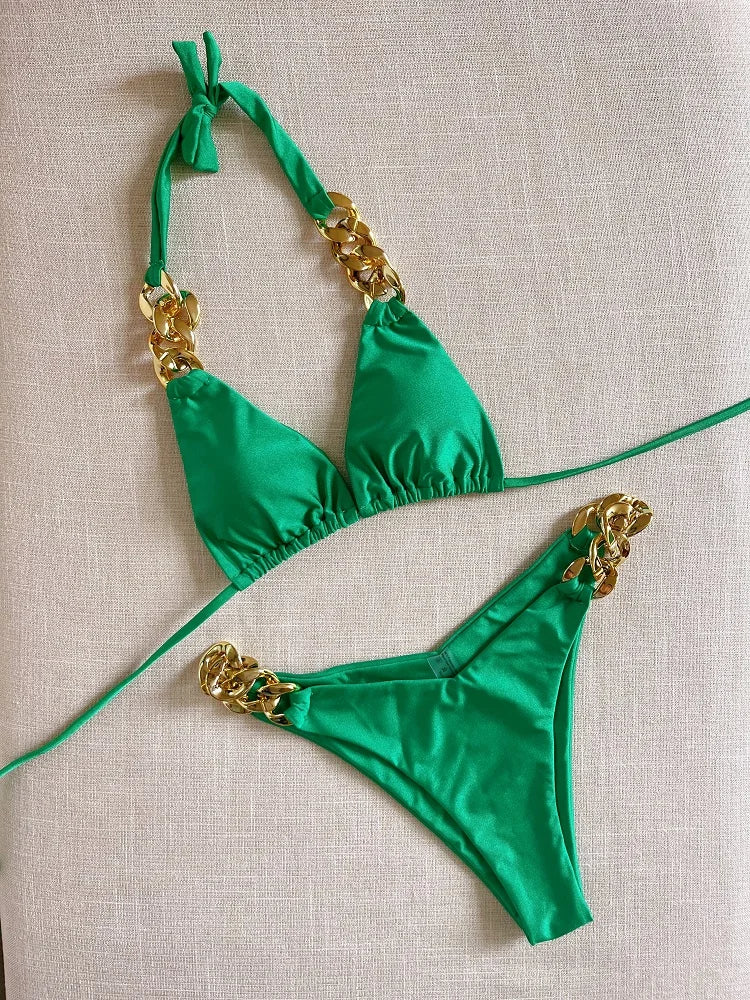 Luxury Chain-Link Bikini Set – Glamorous Halter Two-Piece Swimwear