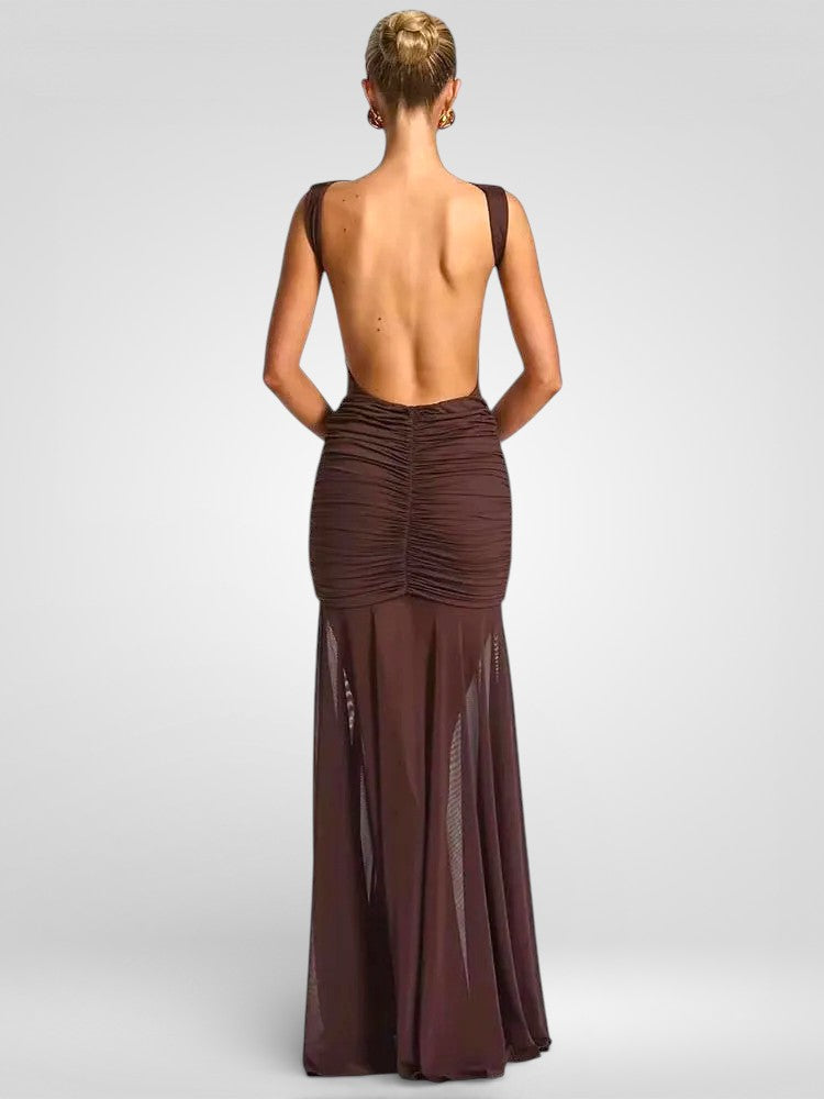 Metal Flower Backless Ruched Maxi Dress