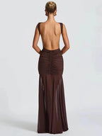 Metal Flower Backless Ruched Maxi Dress