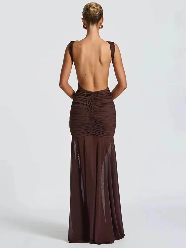 Metal Flower Backless Ruched Maxi Dress