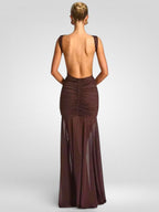 Metal Flower Backless Ruched Maxi Dress