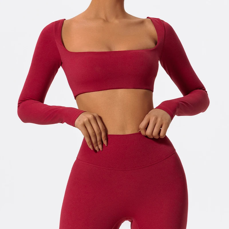 Seamless Square Neck Gym Top – Long Sleeve Compression Crop