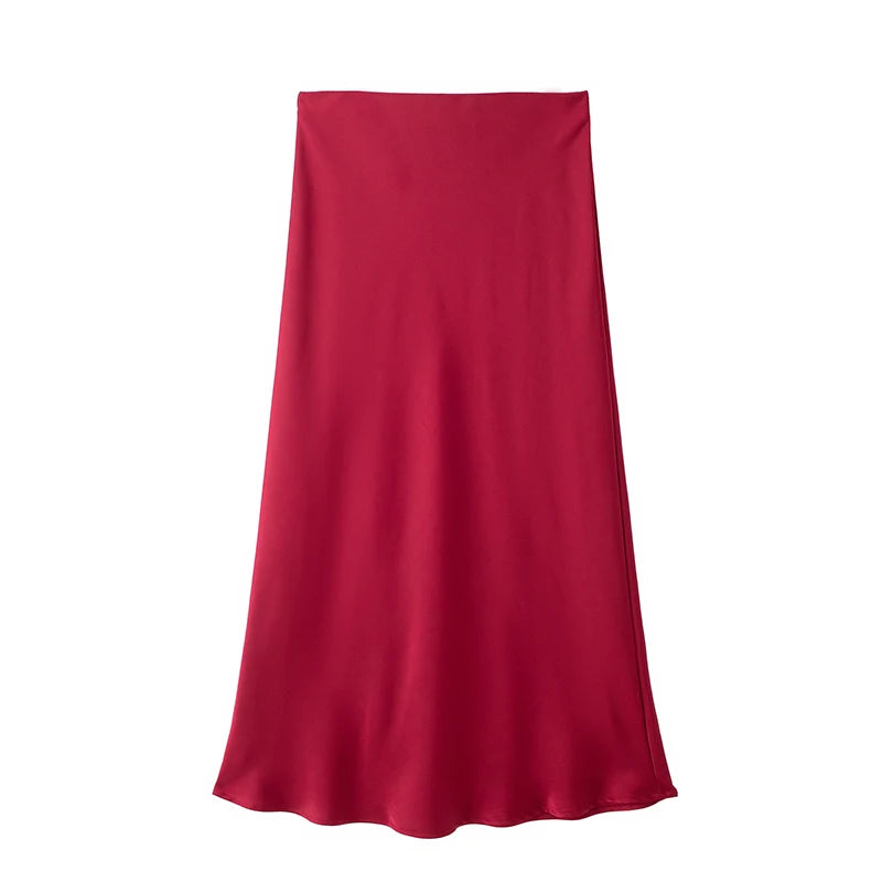 Elegant Satin High Waist Midi Skirt – Office Chic Summer Style for Women