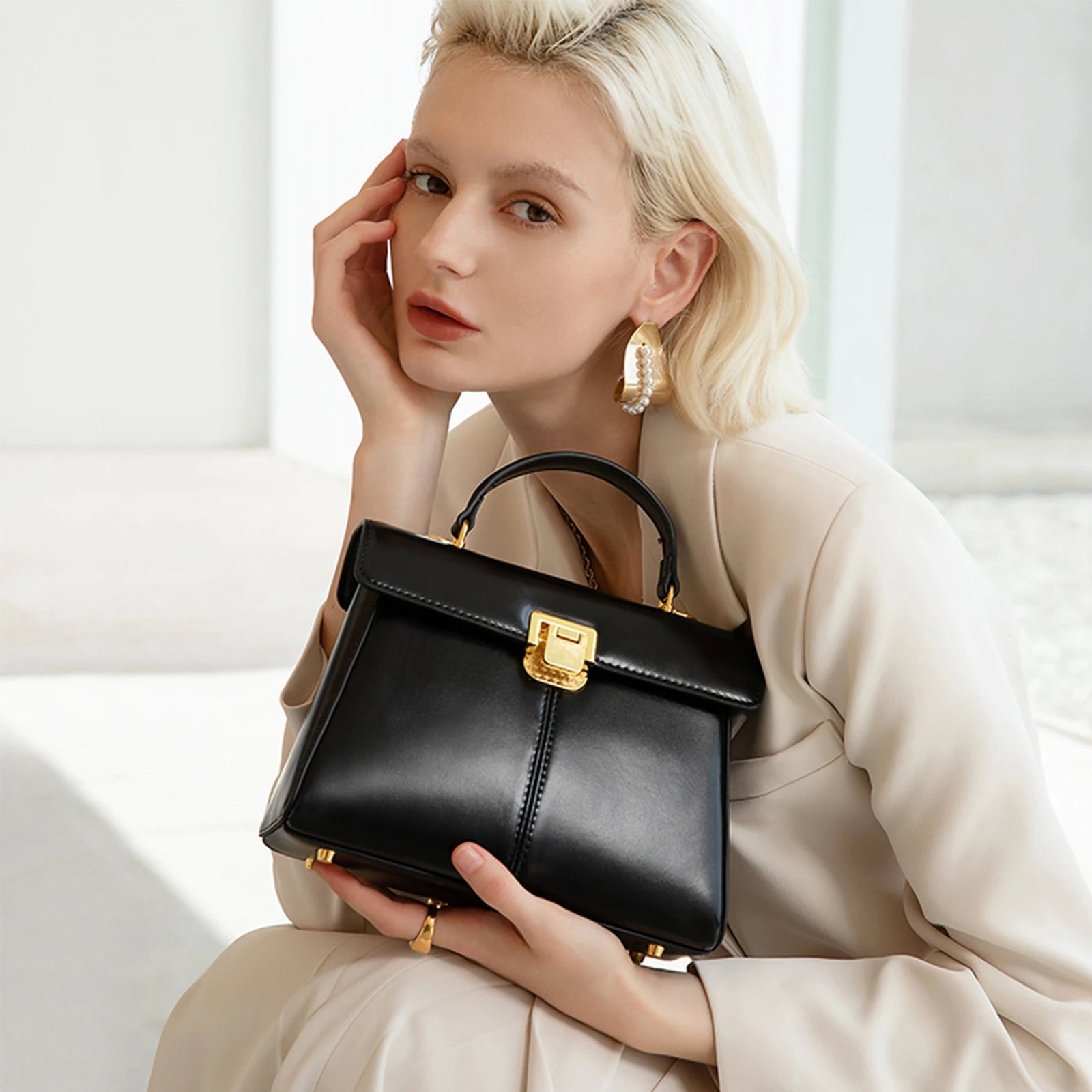 Luxury Genuine Leather Crossbody Bag – Versatile Messenger Handbag with Scarf Decor for Women