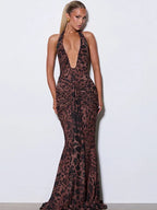 Leopard Print Halter Backless Maxi Dress – Sexy Draped Clubwear Gown