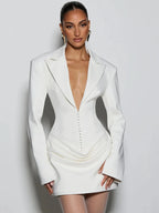 V-Neck Ruched Blazer Mini Dress