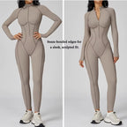 Sculpted Compression Zip-Up Jumpsuit -Beige