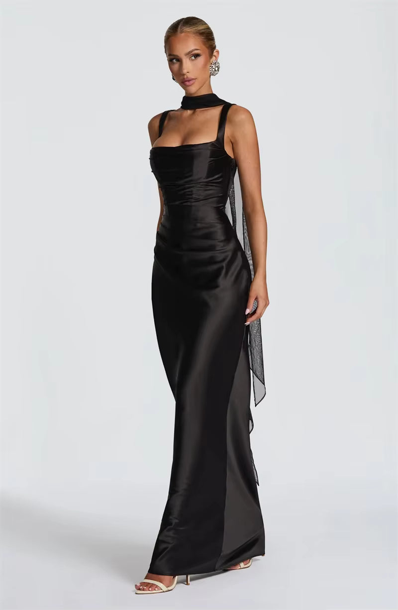 Satin Lace-Up Backless Maxi Dress – Sexy Halter Off-Shoulder Bodycon Gown