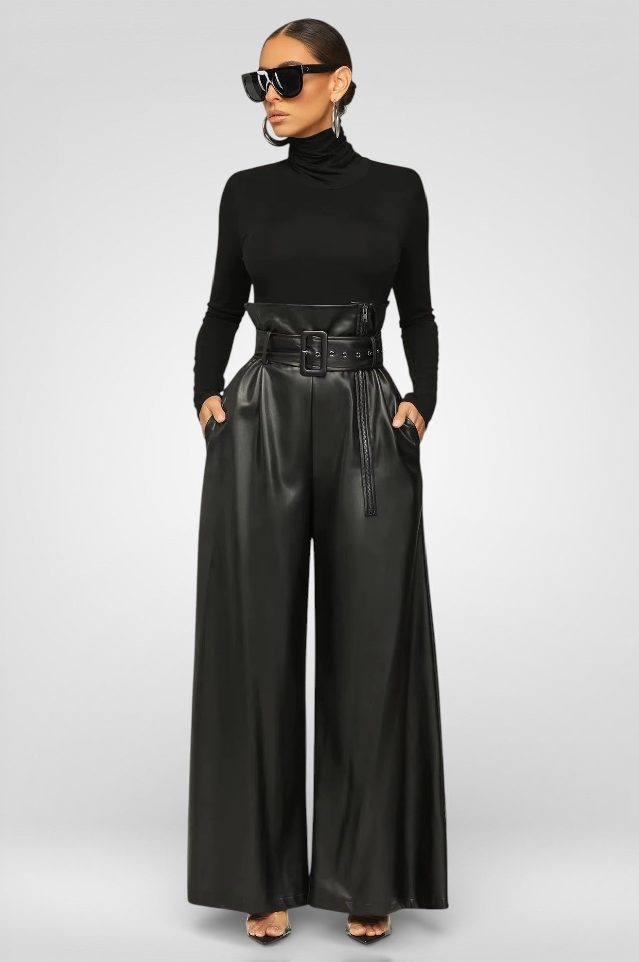 High Waist PU Leather Wide -Black