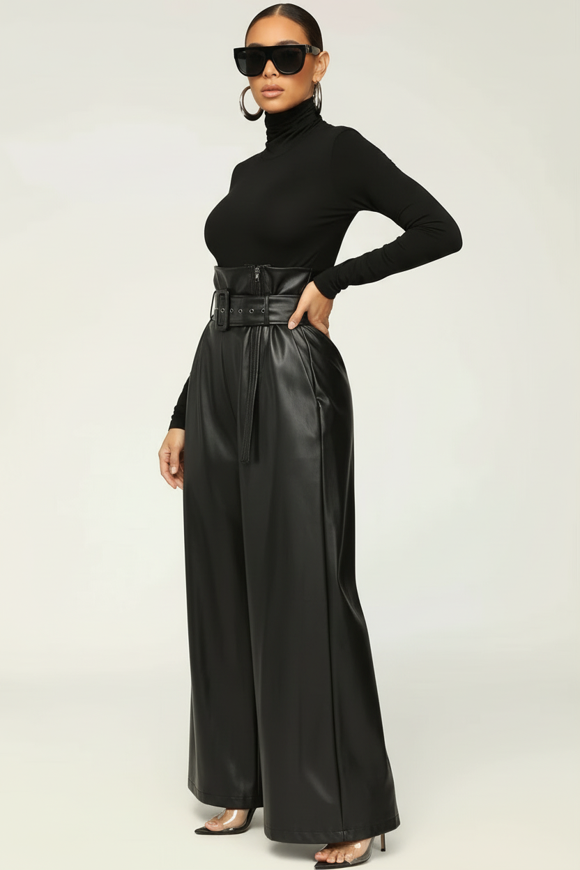 High Waist PU Leather Wide -Black