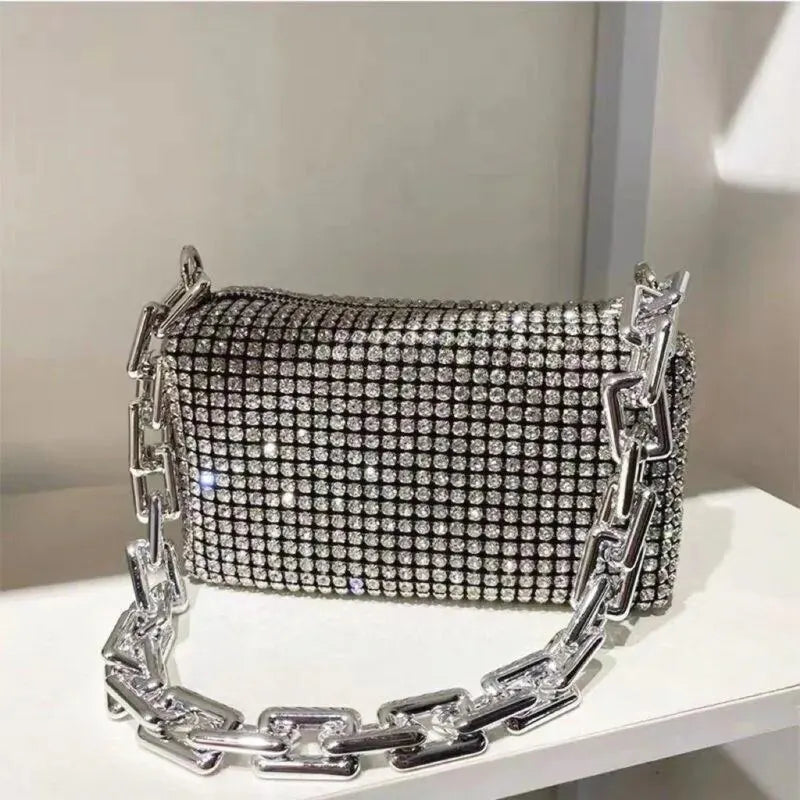 Mini sac seau à strass – Sac bandoulière en forme de coussin pailleté avec bandoulière chaîne pour femme