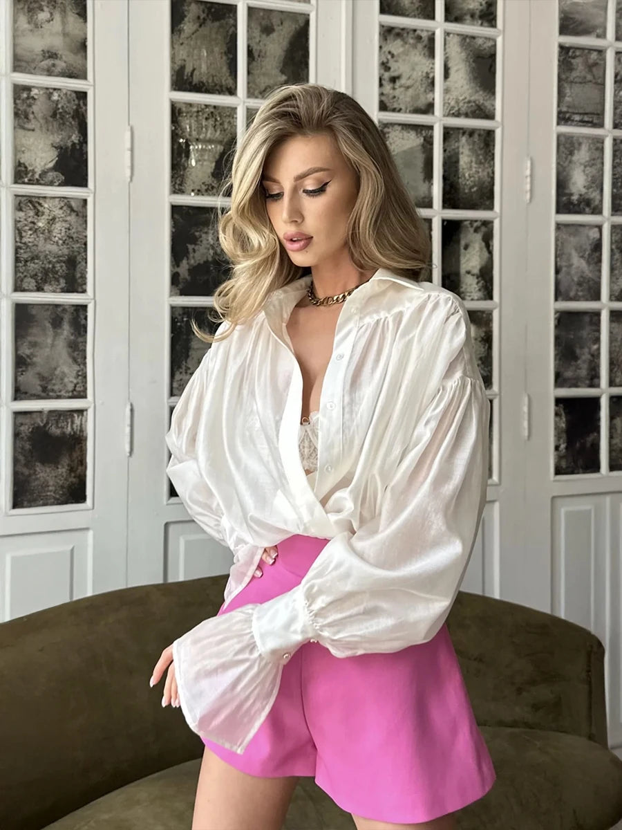 Loose Office Collared Shirt – Flare Sleeve Solid Chiffon Blouse