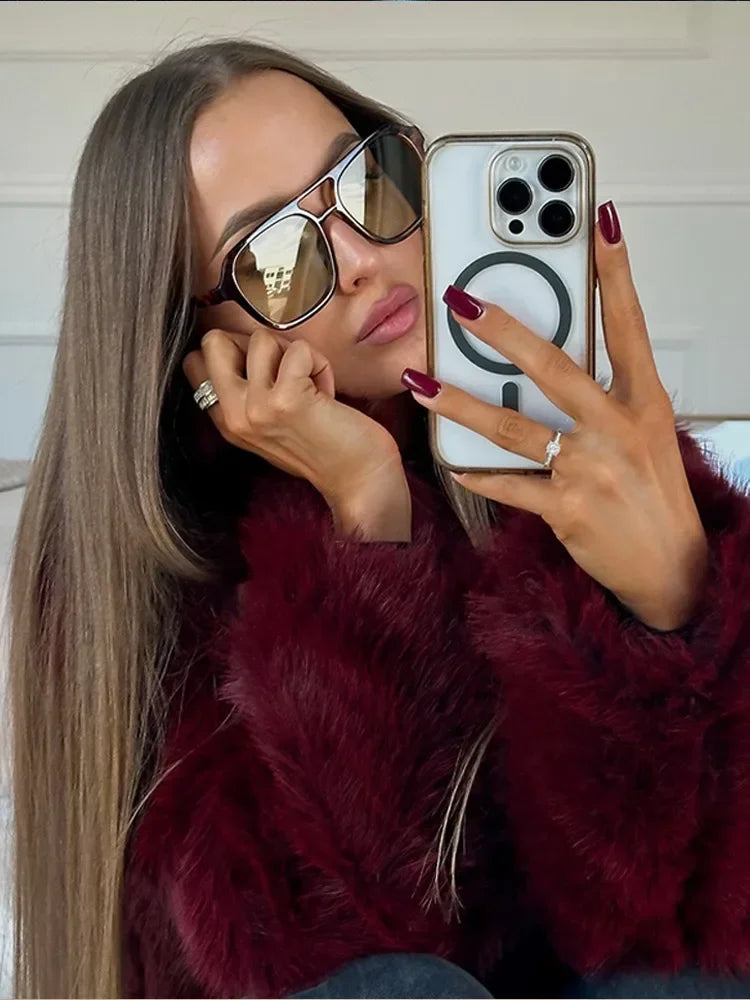 Burgundy Faux Fur Coat – Vintage Long Sleeve High Street Jacket for Women