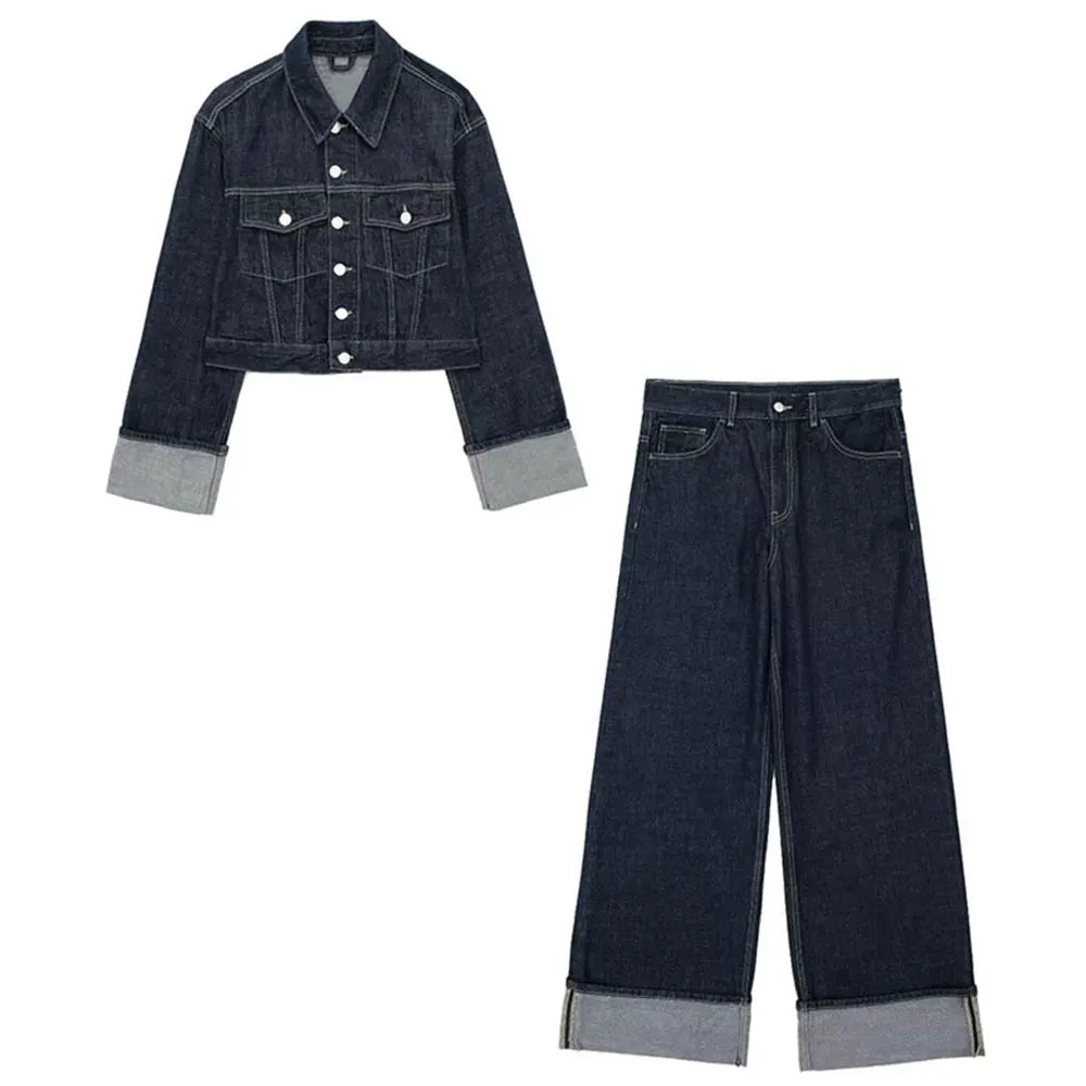 Vintage Denim Jacket and Pants Set – Women’s High-Waisted Wide Leg Jeans & Long Sleeve Coat for Streetwear Style