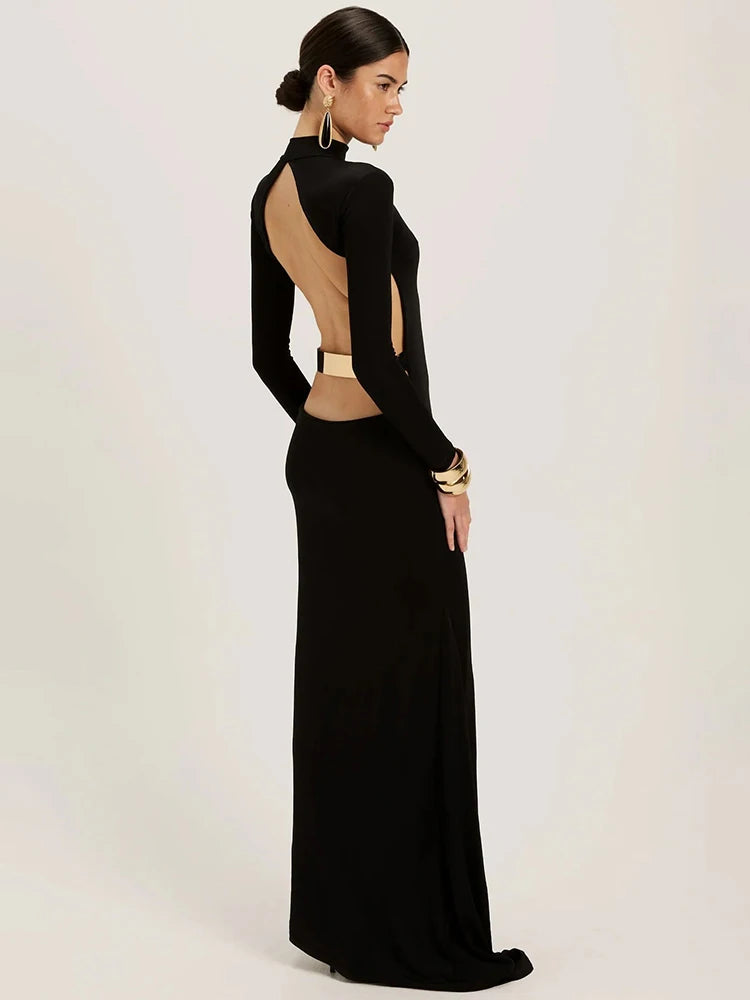 Backless Black Long Sleeve Maxi Dress – Elegant Bodycon Party Gown for Women
