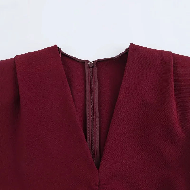Ruched Midi Dress – Draped Front and V-Neck Elegance
