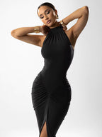 Ruched Halter Split Maxi Dress