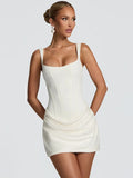 Backless Ruched Mini Dress – Sexy Square Neck High-Waist Club Dress for Women