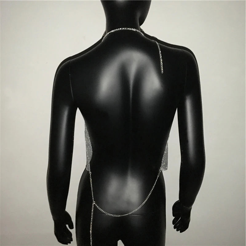 Rhinestone Chainmail Halter Top – Backless Metallic Drape Style