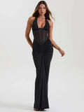Halter Backless Maxi Dress – Sexy V-Neck Draped Bodycon Gown for Women’s Club & Party Wear