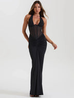 Halter Backless Maxi Dress – Sexy V-Neck Draped Bodycon Gown for Women’s Club & Party Wear