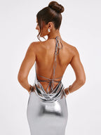 Backless Metallic Evening Dress – Elegant Slim Fit with Open Back