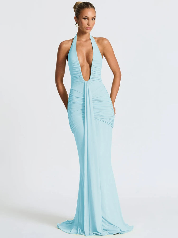 Deep V-Neck Ruched Maxi Dress – Backless Halter Club Dress for Women