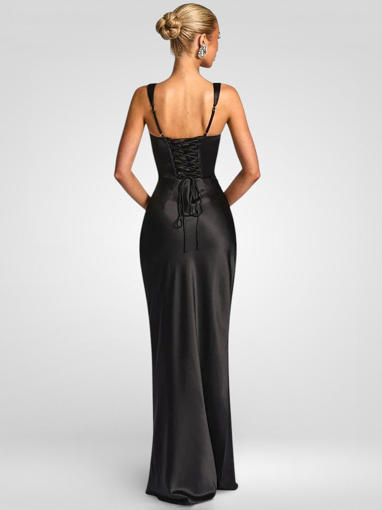 Satin Lace-Up Halter Maxi Dress