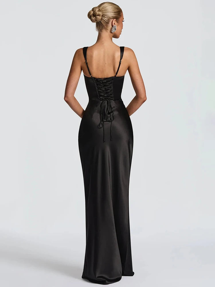 Satin Lace-Up Halter Maxi Dress