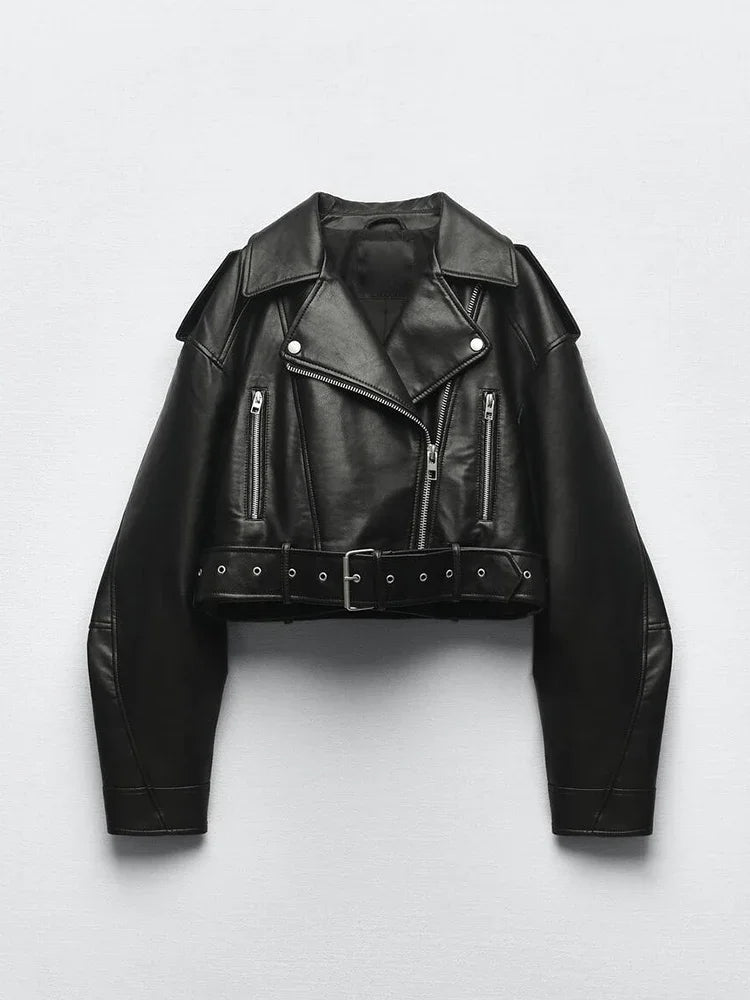Women's Vintage Vegan Leather Biker Jacket – Oversized Belted Moto Style