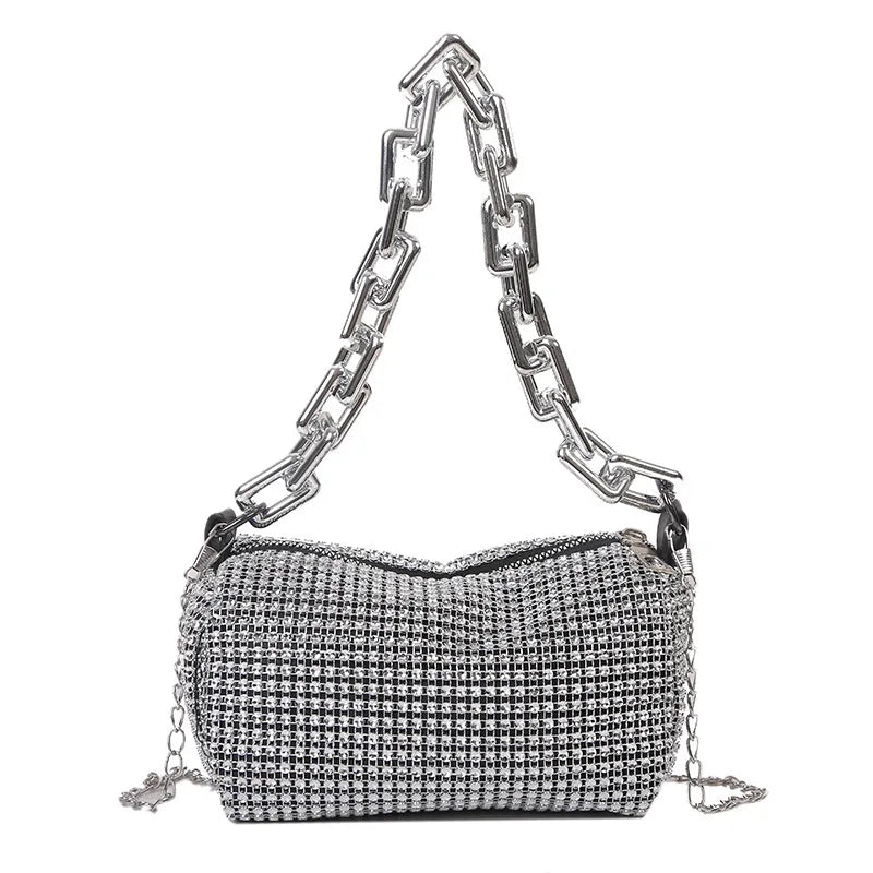 Mini sac seau à strass – Sac bandoulière en forme de coussin pailleté avec bandoulière chaîne pour femme