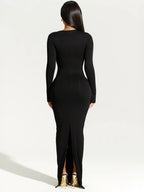 Elegant Black Evening Maxi Dress – Women's Asymmetrical Long Sleeve Split Gown for Fall & Winter Parties