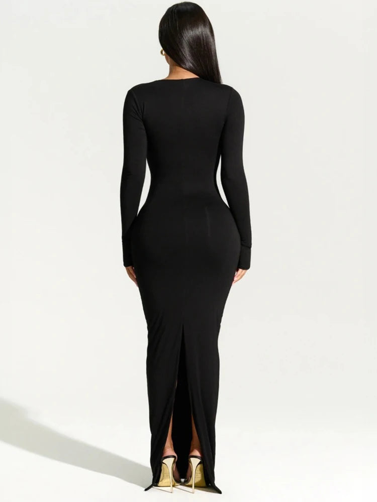 Elegant Black Evening Maxi Dress – Women's Asymmetrical Long Sleeve Split Gown for Fall & Winter Parties