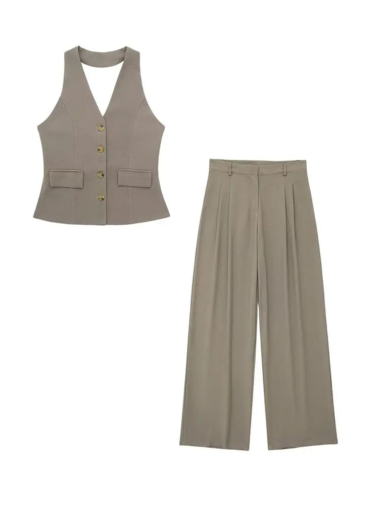 Women’s 2-Piece Office Set – Halter Vest Top & High Waist Wide-Leg Pants with Pockets