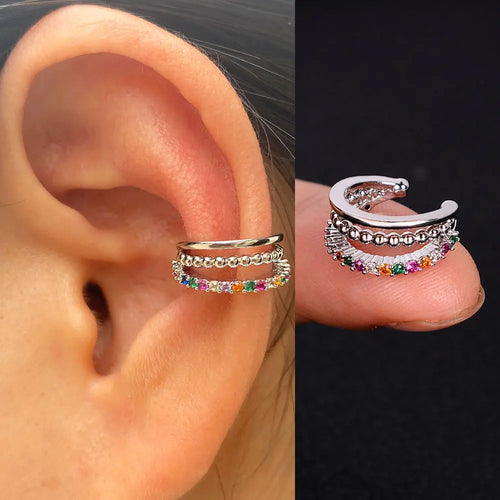 1pc Rainbow CZ Clip-On Ear Cuff – Non-Piercing Geometric Wrap Earring for Women & Girls