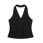 Women’s 2-Piece Office Set – Halter Vest Top & High Waist Wide-Leg Pants with Pockets