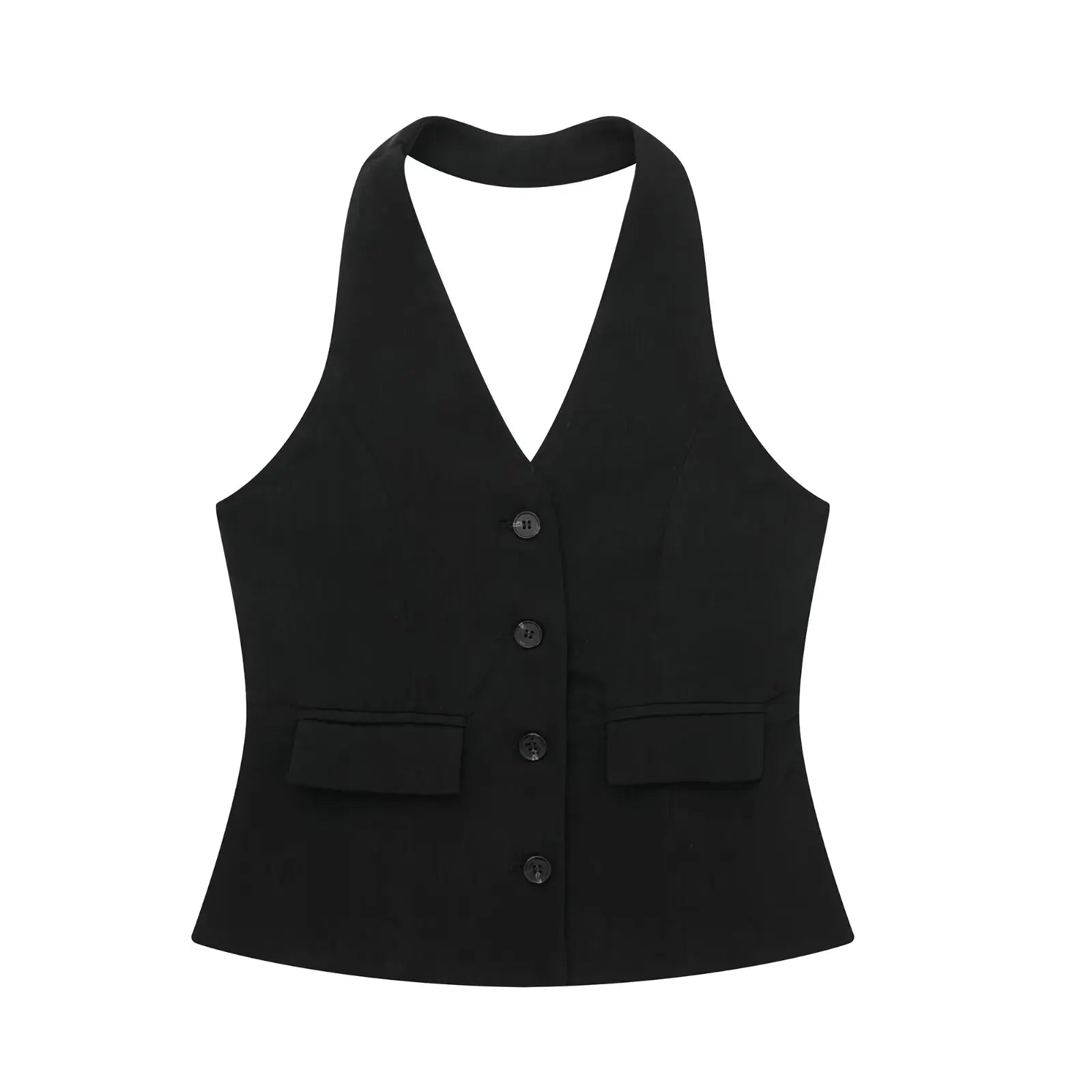 Women’s 2-Piece Office Set – Halter Vest Top & High Waist Wide-Leg Pants with Pockets