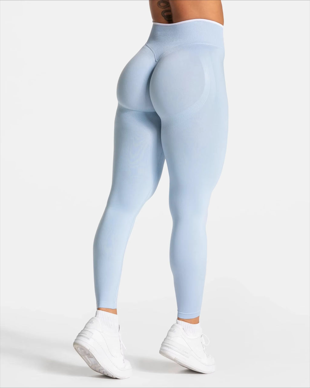 Sømløse sportsleggings med høj talje – hofteløftende ensfarvede yogabukser med hvid kant i taljen
