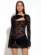 Minivestido sexy de encaje: ropa de club sin espalda y mangas largas fruncidas