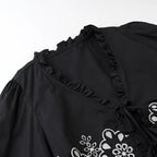 Women's Embroidered Cropped V-Neck Blouse with Lace-Up Detail – Summer Retro Chic Top