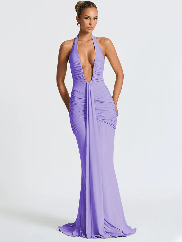 Deep V-Neck Ruched Maxi Dress – Backless Halter Club Dress for Women