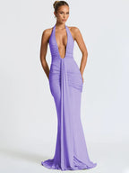 Deep V-Neck Ruched Maxi Dress – Backless Halter Club Dress for Women