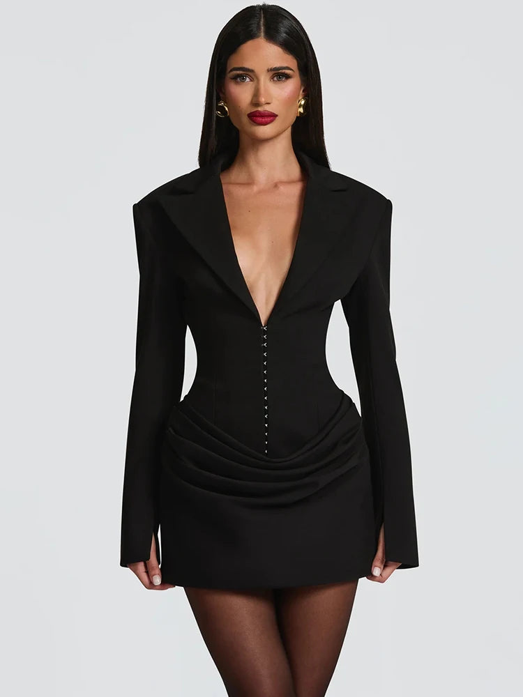 V-Neck Ruched Blazer Mini Dress