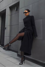 Elegant V-Neck Waist-Closed Slim Long Coat - Black