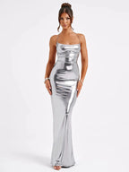 Backless Metallic Evening Dress – Elegant Slim Fit with Open Back