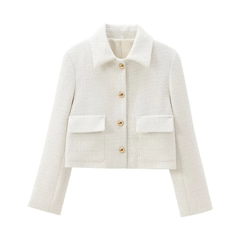 White Cropped Tweed Bomber Jacket for Women – Streetwear Varsity Style Spring Outerwear