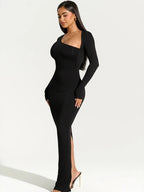 Elegant Black Evening Maxi Dress – Women's Asymmetrical Long Sleeve Split Gown for Fall & Winter Parties