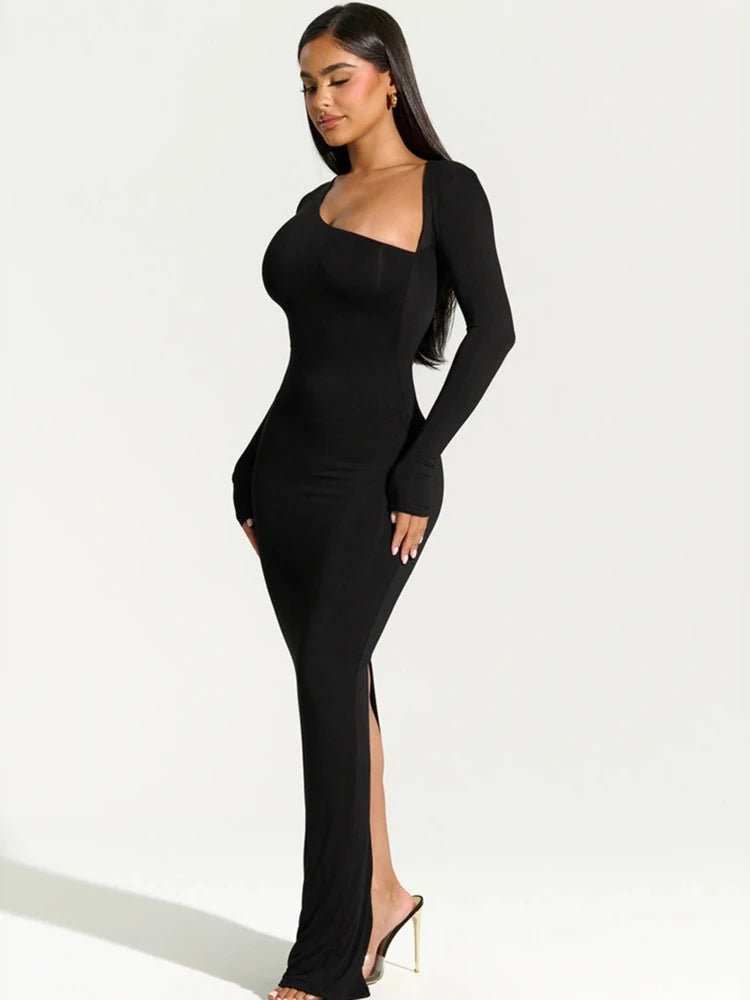 Elegant Black Evening Maxi Dress – Women's Asymmetrical Long Sleeve Split Gown for Fall & Winter Parties